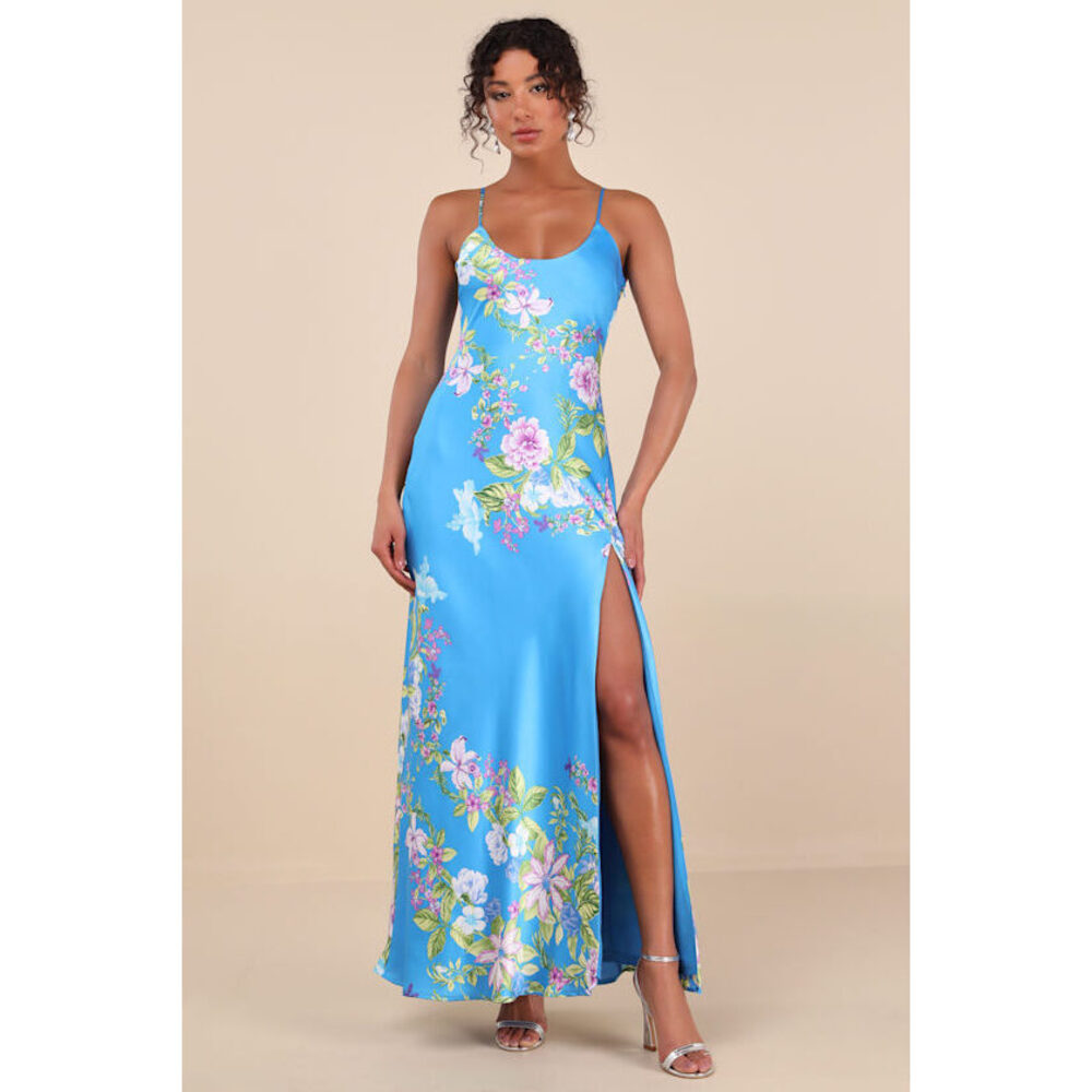 Lulus Donna Blue Floral Sleeveless Slip Maxi Dress - Size S